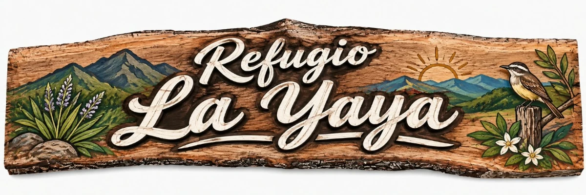 Cartel de madera pintado a mano con el nombre Refugio La Yaya